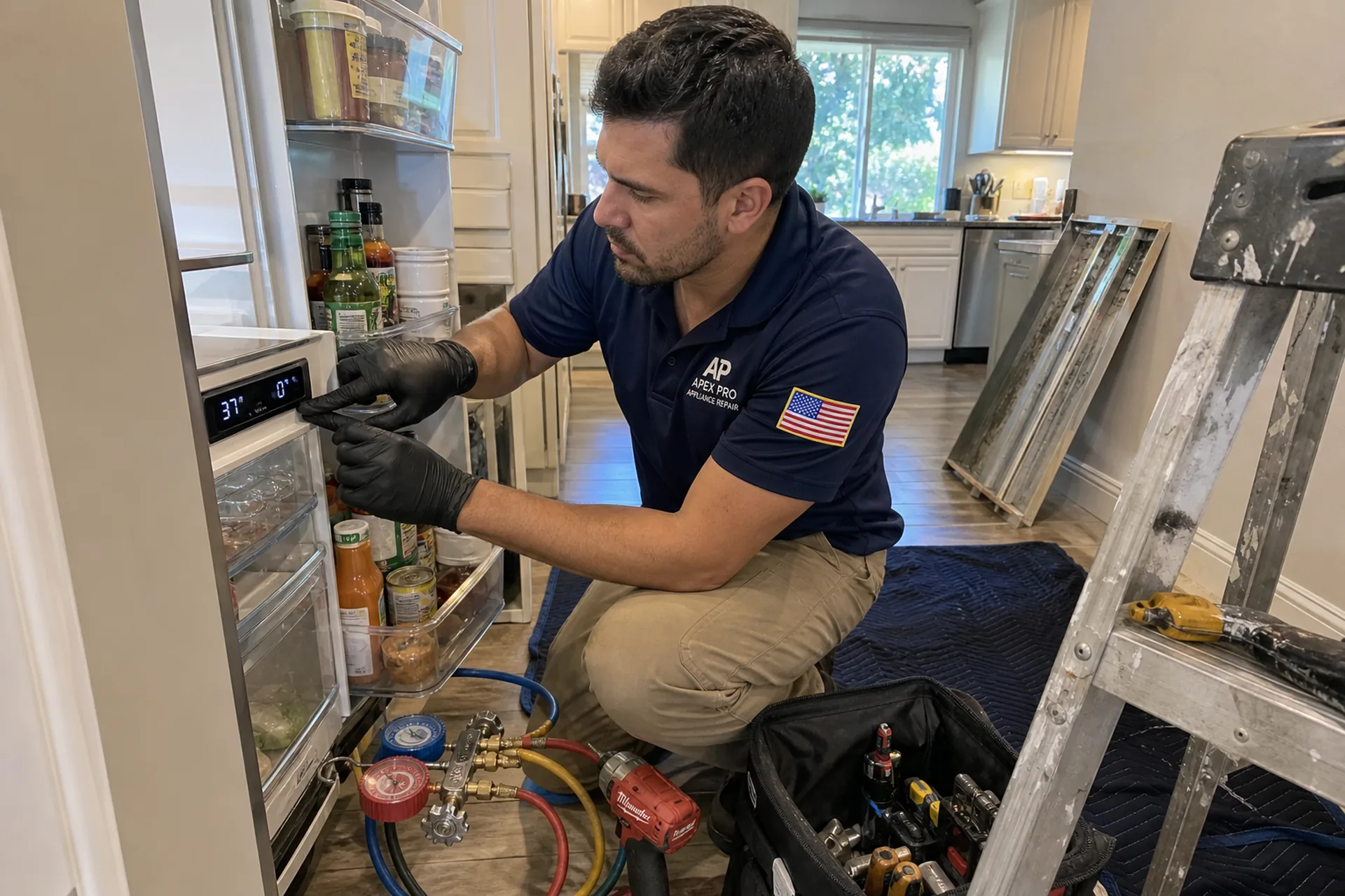 ApexPro technician checking the condenser and control panel of a built-in Sub-Zero refrigerator