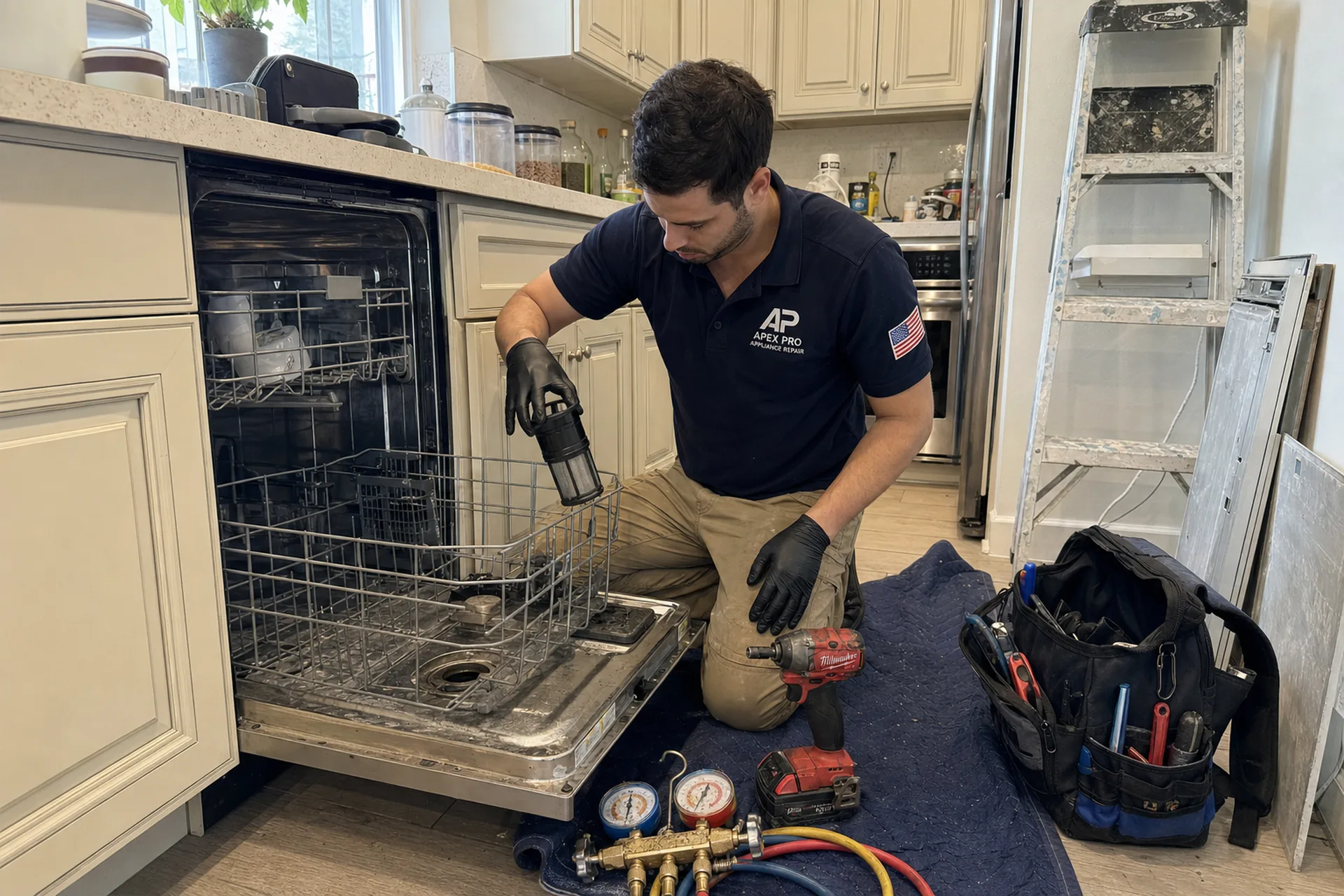 Panel-ready built-in dishwasher open in a Los Angeles kitchen during an ApexPro service call
