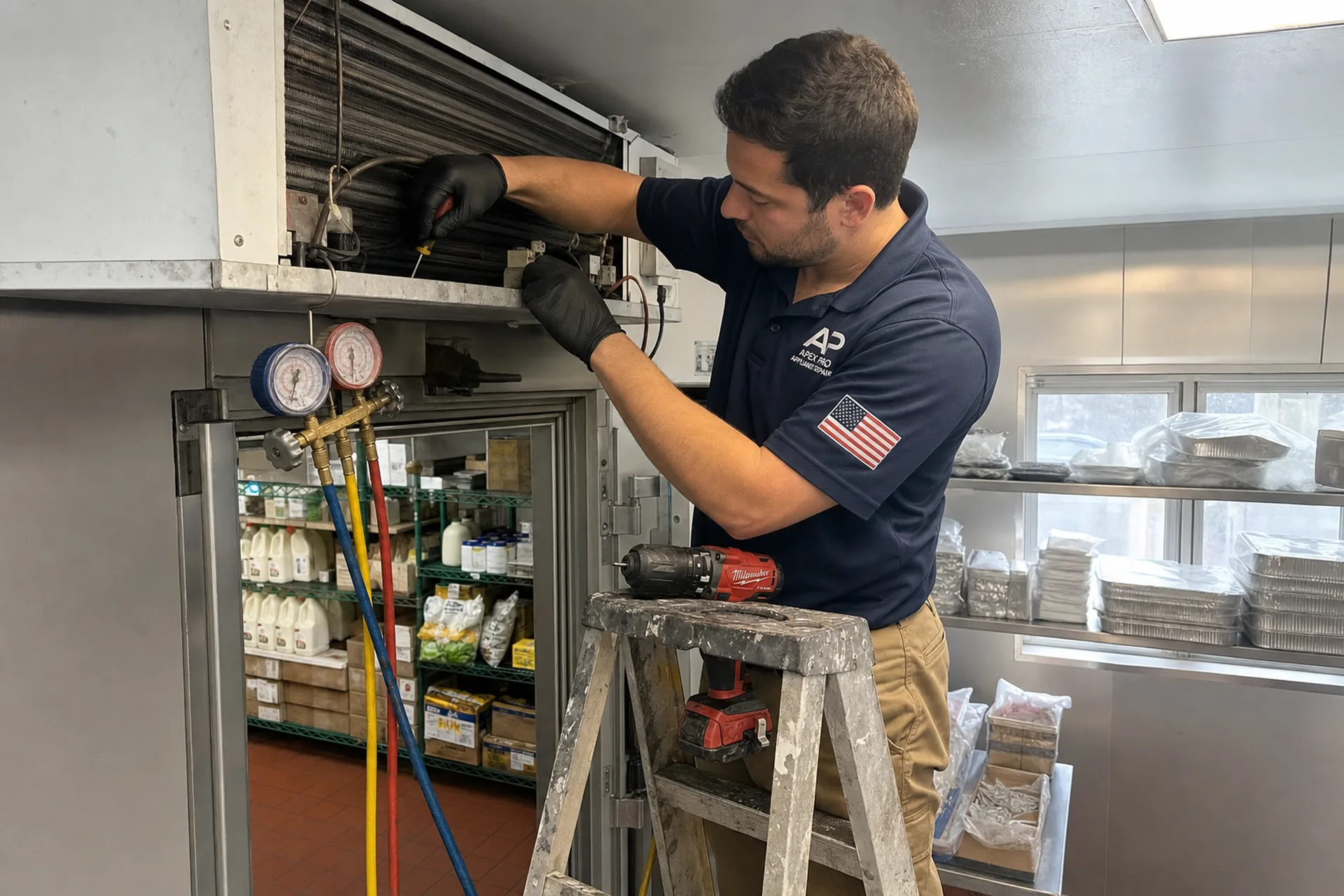 Stainless walk-in cooler door and evaporator unit in a Los Angeles commercial kitchen
